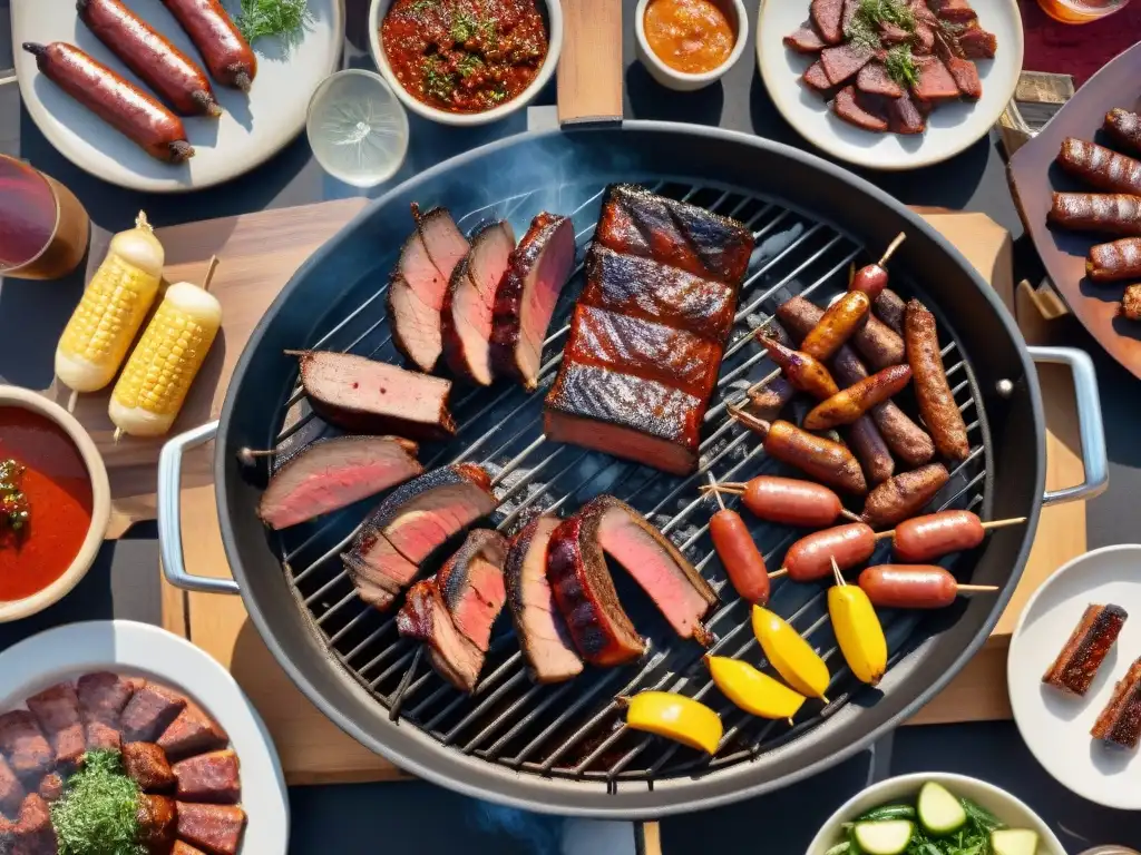 Una escena detallada de un asado tradicional uruguayo con influencia de raíces italianas, mostrando una variedad de carnes a la parrilla y amigos reunidos alrededor de la mesa