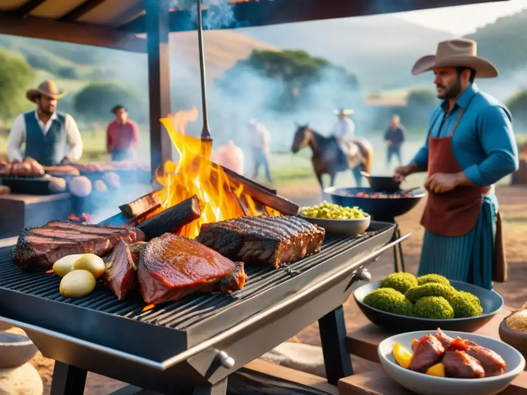 Una escena detallada de un asado tradicional uruguayo en el campo, con gauchos, comida y amigos, resaltando la historia y técnicas del asado uruguayo