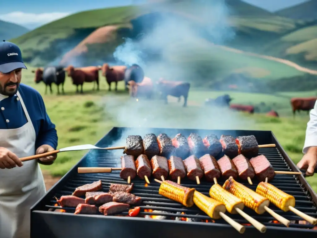 Una escena detallada de un asado uruguayo tradicional en un paisaje campestre, donde se revelan los secretos asado uruguayo foros exclusivos