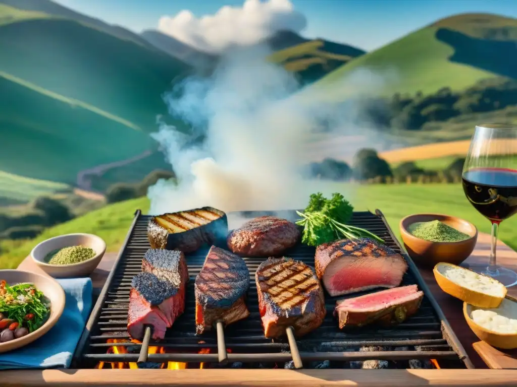 Escena detallada de un asado uruguayo tradicional en entorno rural con gauchos, carne y tradición culinaria