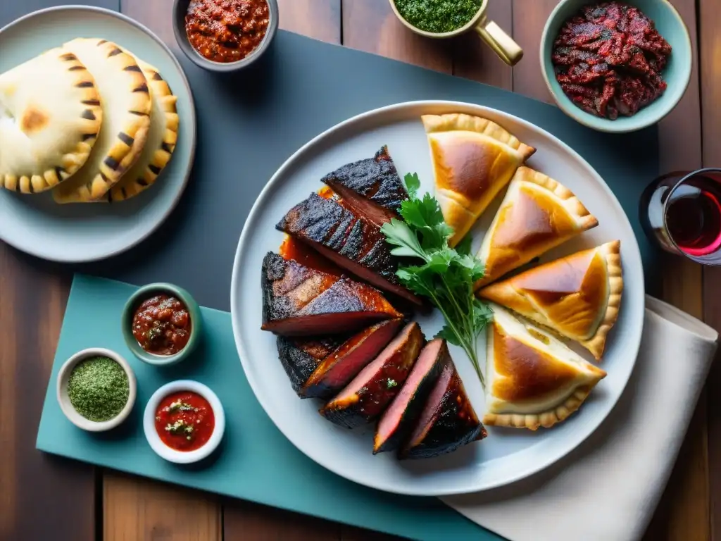 Escena detallada de un asado uruguayo gourmet en una mesa rústica, con cortes de carne suculenta y acompañamientos, bañados por el sol