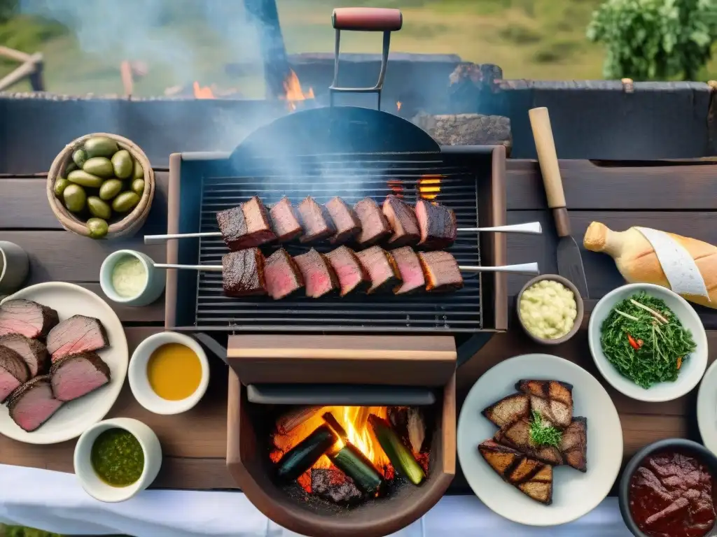 Una escena detallada de un asado uruguayo tradicional con amigos y familia disfrutando de vino Tannat