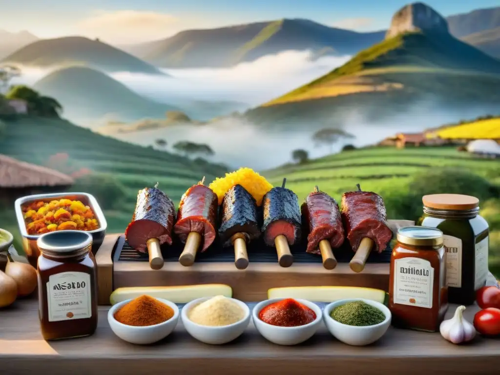 Una escena detallada de un asado uruguayo tradicional con salsas caseras, gaucho y paisaje rural