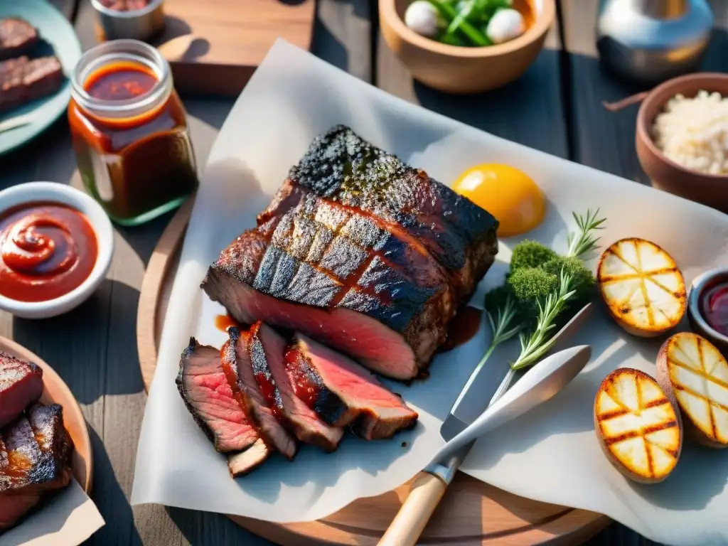 Una escena detallada de un asado uruguayo tradicional con salsas gourmet en una mesa de madera rústica