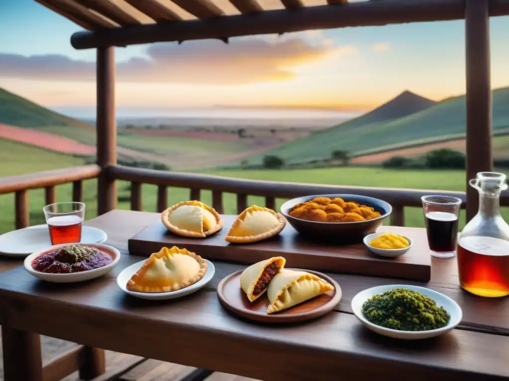 Una escena detallada de un asado uruguayo con bebidas fermentadas y deliciosas comidas típicas al atardecer