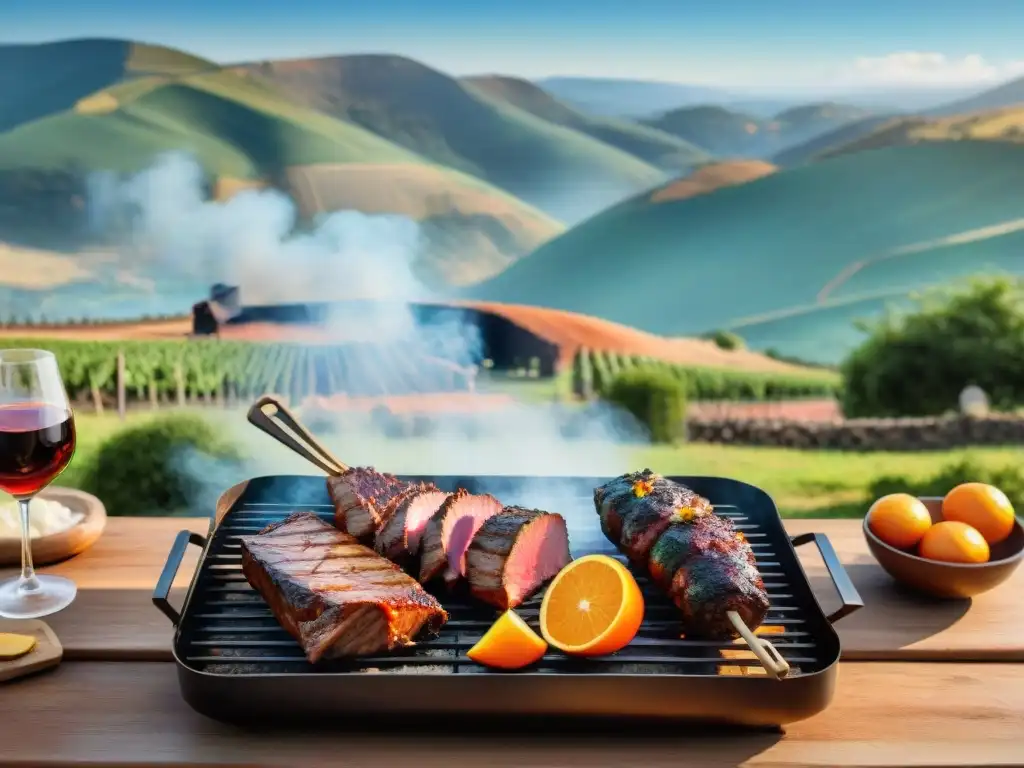 Una escena detallada de un asado uruguayo con vinos naturales, amigos disfrutando de la carne a la parrilla en el campo