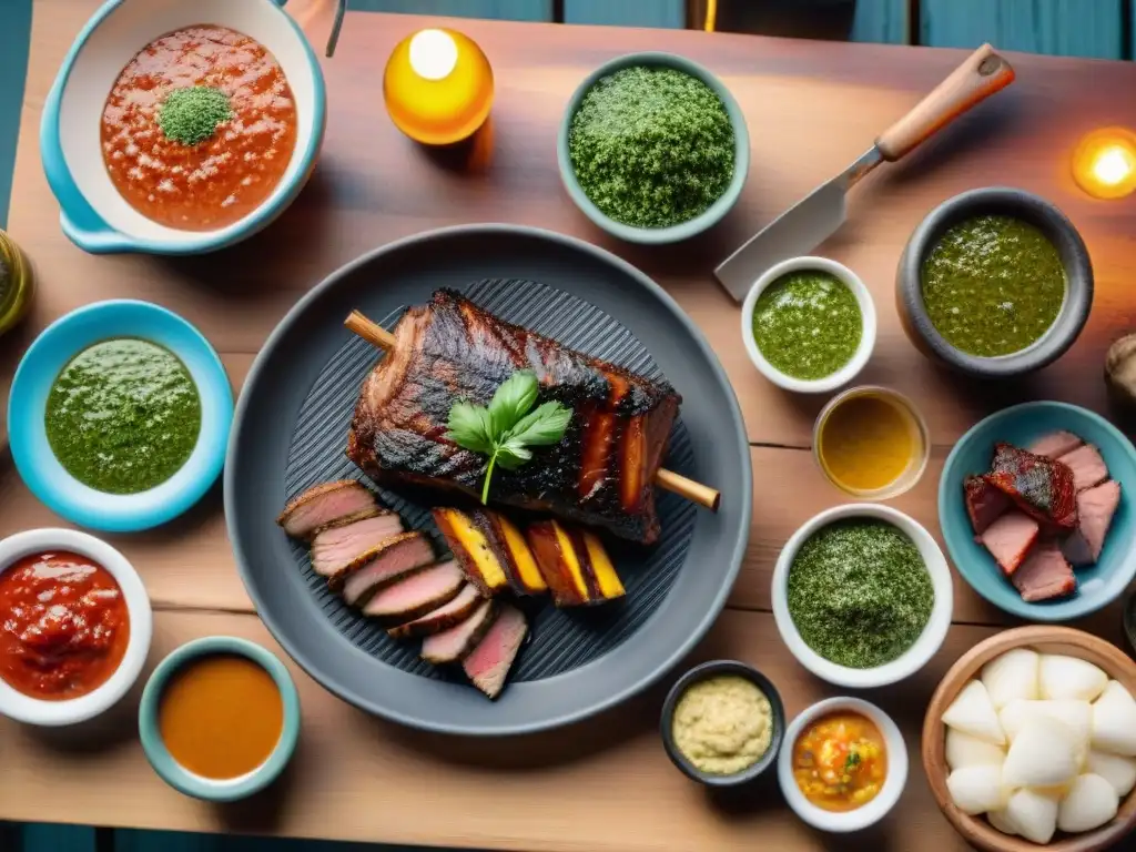 Una escena detallada de un asado uruguayo tradicional con salsas uruguayas tradicionales para asado en una mesa rústica al atardecer