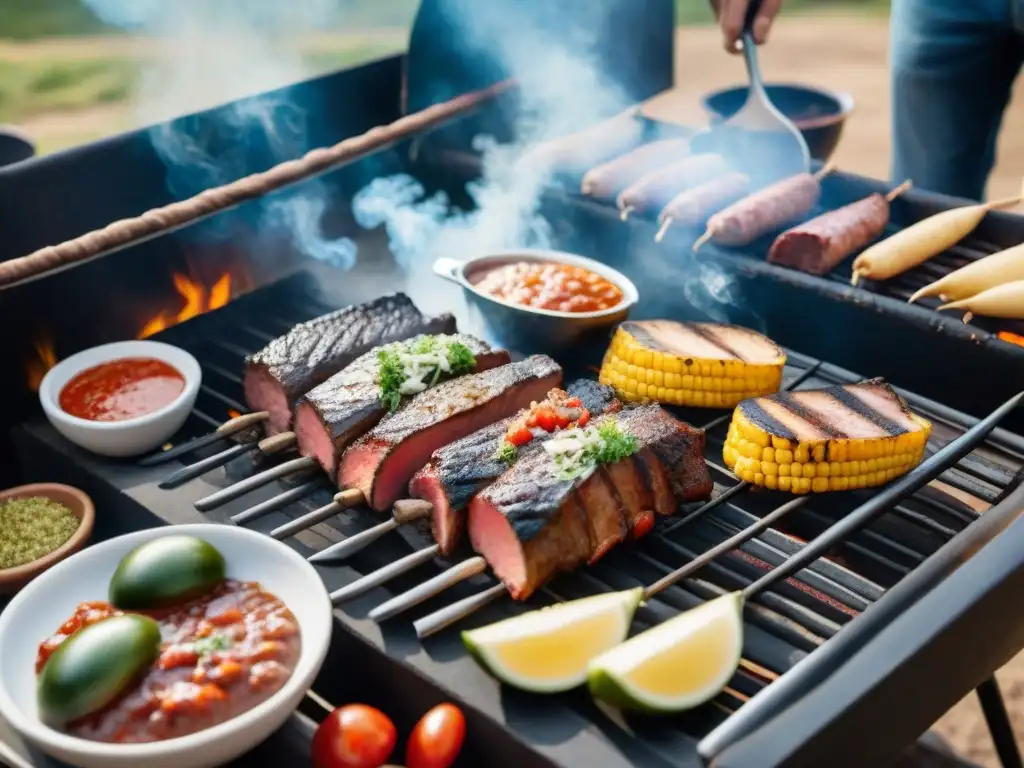 Una escena detallada de un asado uruguayo con salsas vibrantes y texturas, para 'Salsas uruguayas para asado mundial'