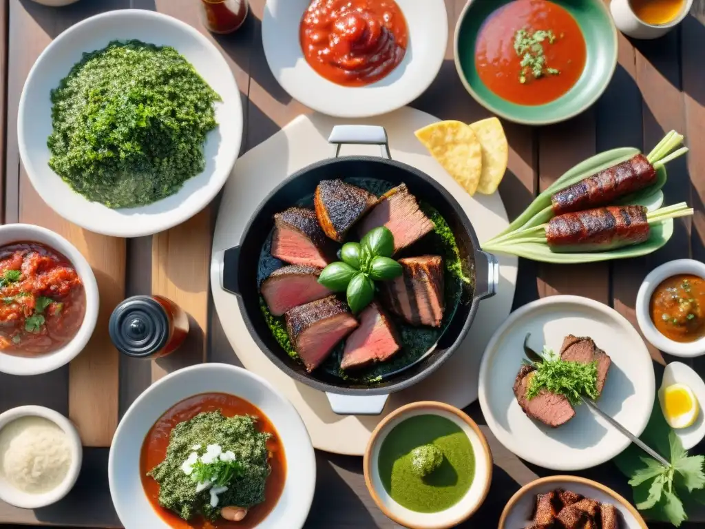 Una escena detallada de un asado uruguayo tradicional con una variedad de salsas, rodeado de carnes a la parrilla y vegetales frescos