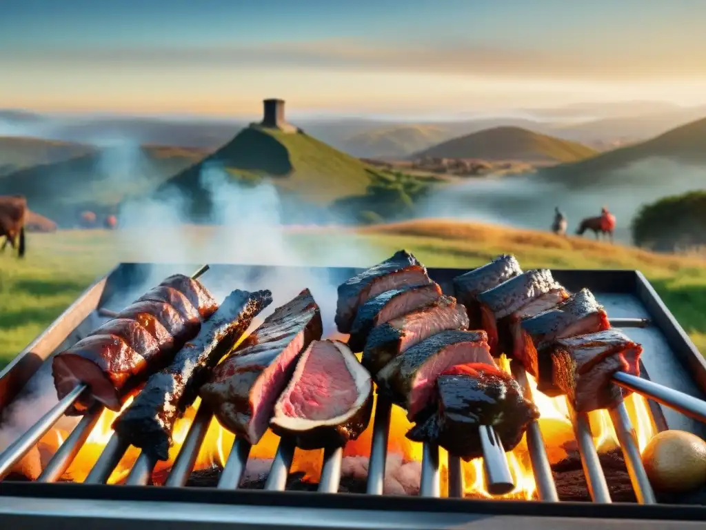 Escena detallada de un asado uruguayo tradicional con gauchos preparando carne a la parrilla