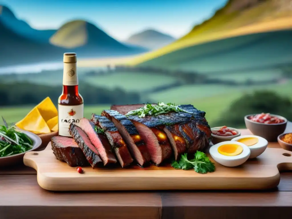 Una escena detallada de un asado uruguayo tradicional con la mejor carne para asado Uruguay, gauchos, chimichurri y vino Tannat