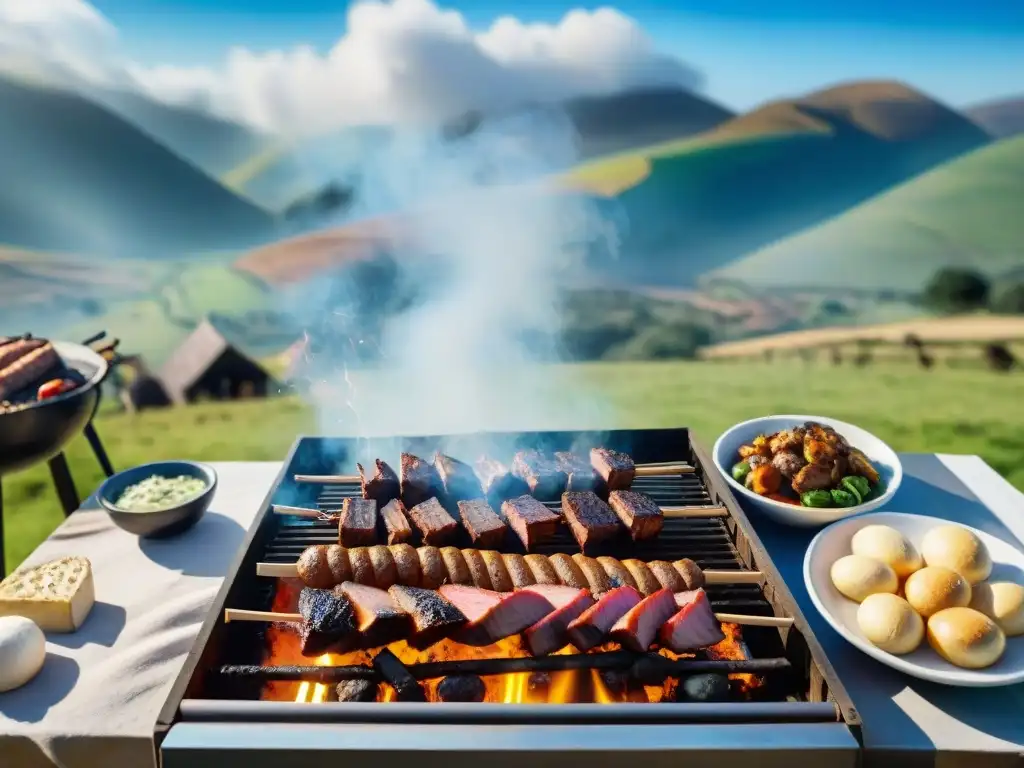 Una escena detallada de un asado uruguayo tradicional en un entorno rural, con comida, comunidad y tradición