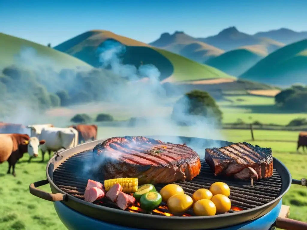 Una escena detallada de asado uruguayo tradicional en armonía con la naturaleza