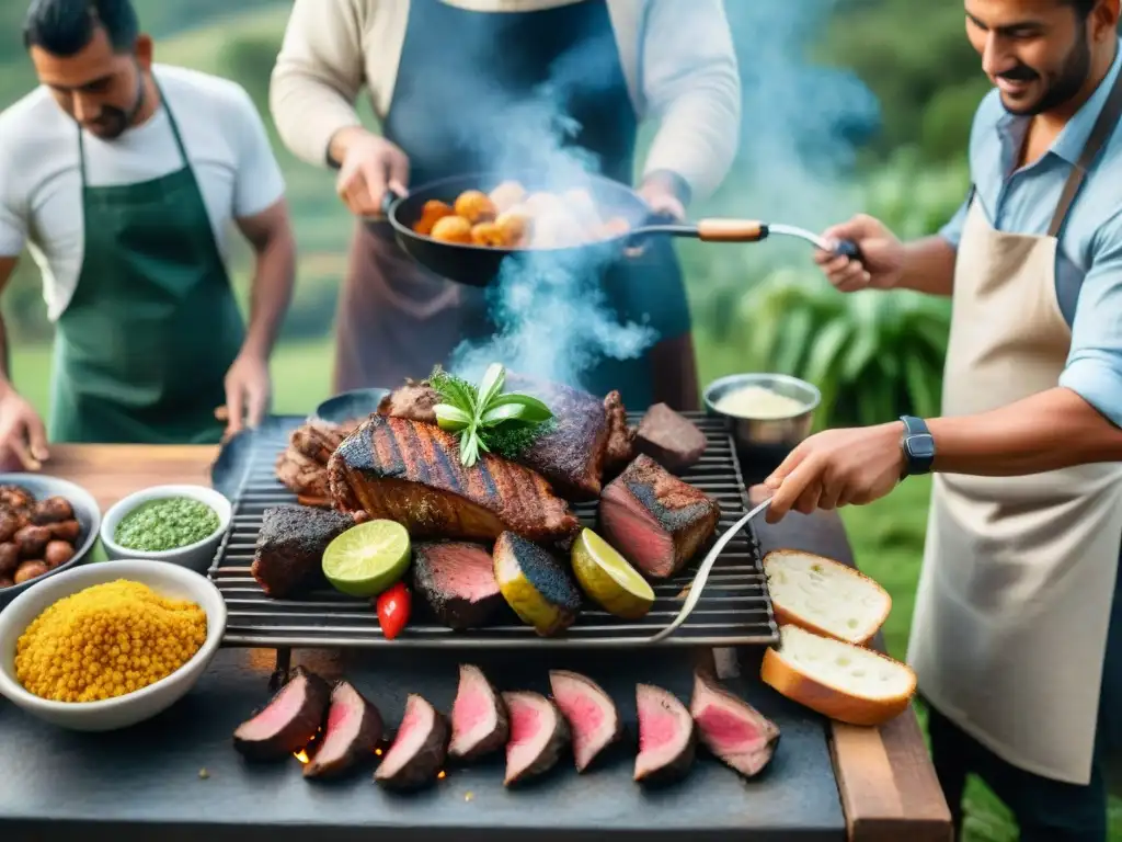 Una escena detallada de un asado uruguayo tradicional en el campo