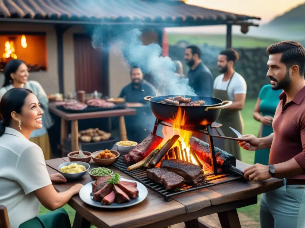 Una escena detallada de un asado uruguayo tradicional con técnicas de asado uruguayo global