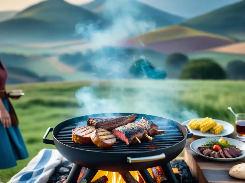 Escena detallada de un asado uruguayo tradicional en familia bajo el cielo azul y colinas verdes