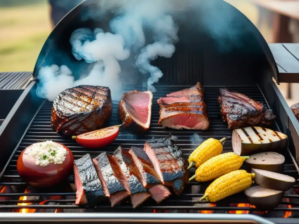 Escena detallada de un asado uruguayo tradicional, con carnes y vinos en la parrilla bajo el cálido sol