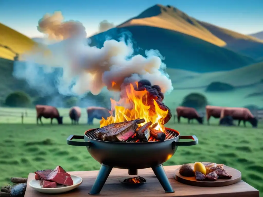 Una escena detallada de un asado uruguayo tradicional en un entorno rústico al aire libre, con gauchos preparando la parrilla