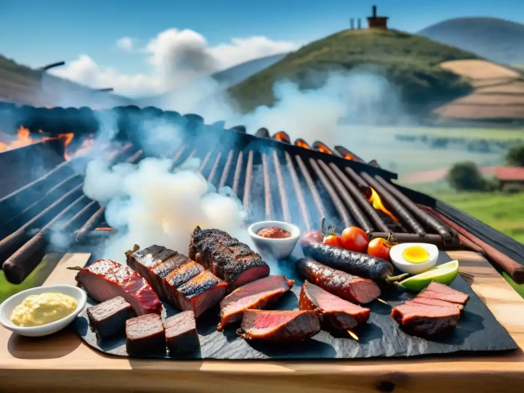 Una escena detallada del asado uruguayo tradicional en el campo, con gauchos y una mesa rústica llena de carnes a la parrilla