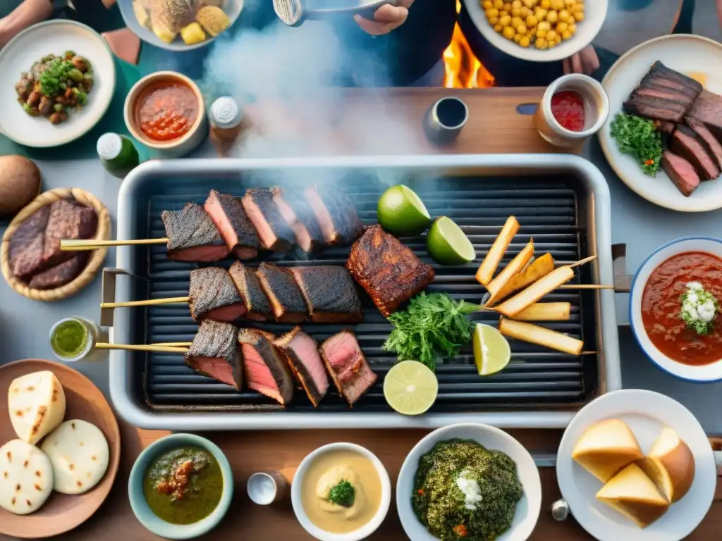 Una escena detallada de un asado uruguayo tradicional al aire libre, con amigos y familia disfrutando de la comida, en un ambiente cálido y festivo