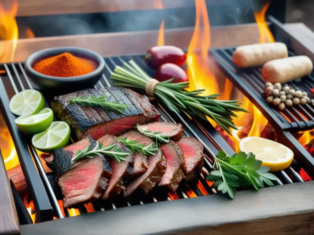 Una escena detallada de un asado uruguayo tradicional, con condimentos y hierbas frescas