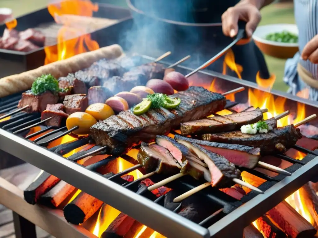 Una escena detallada de un asado uruguayo tradicional, con gauchos y una mesa rústica