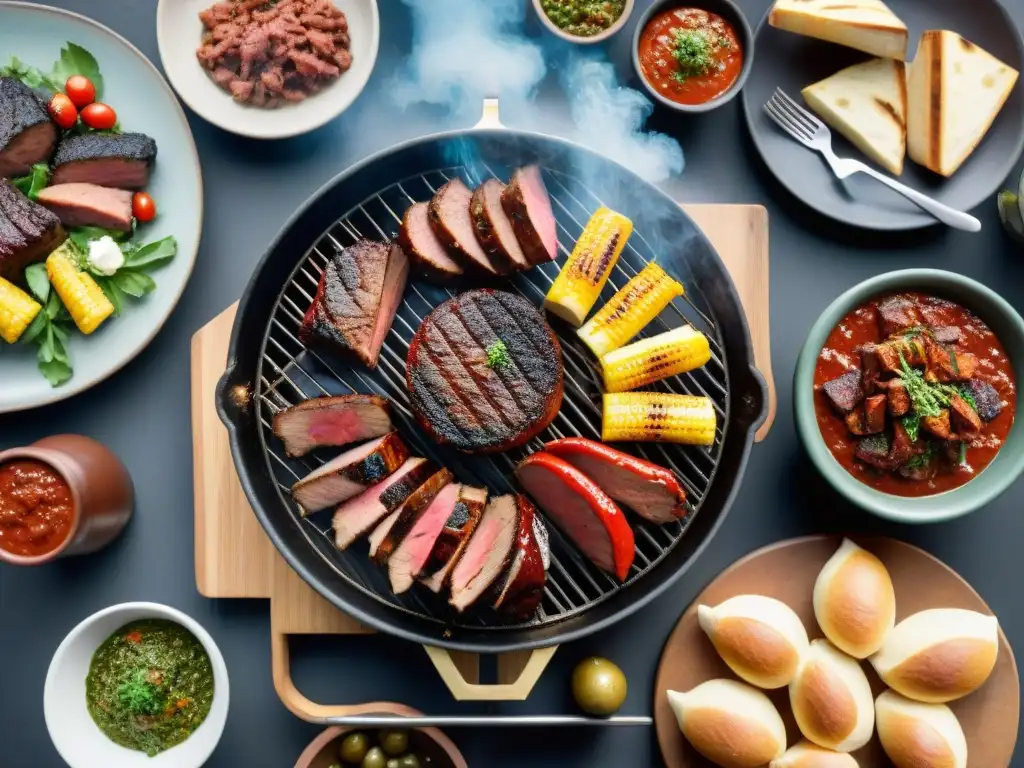 Una escena detallada de un asado uruguayo tradicional con cortes de carne al grill y chimichurri