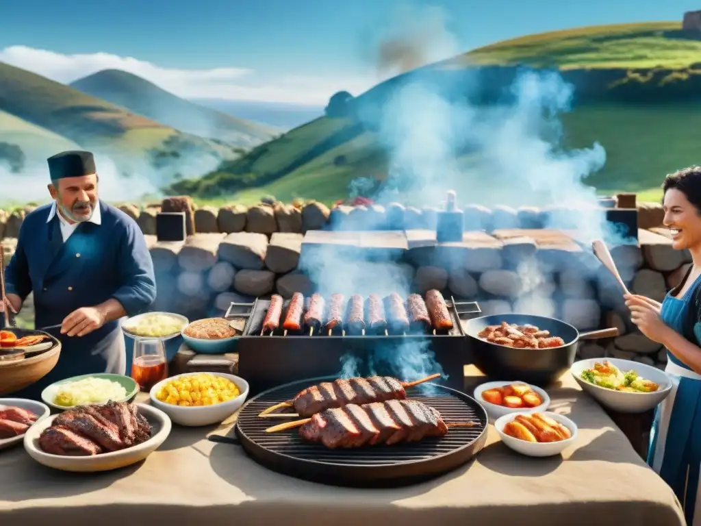 Una escena detallada del asado uruguayo en el campo, con personas disfrutando