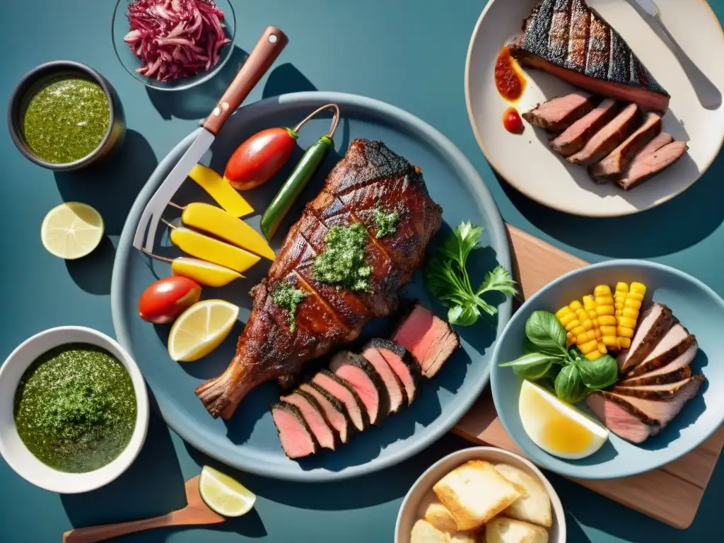 Exquisito asado uruguayo: detallado y realista en el campo Escena detallada de un asado uruguayo en ambiente campestre