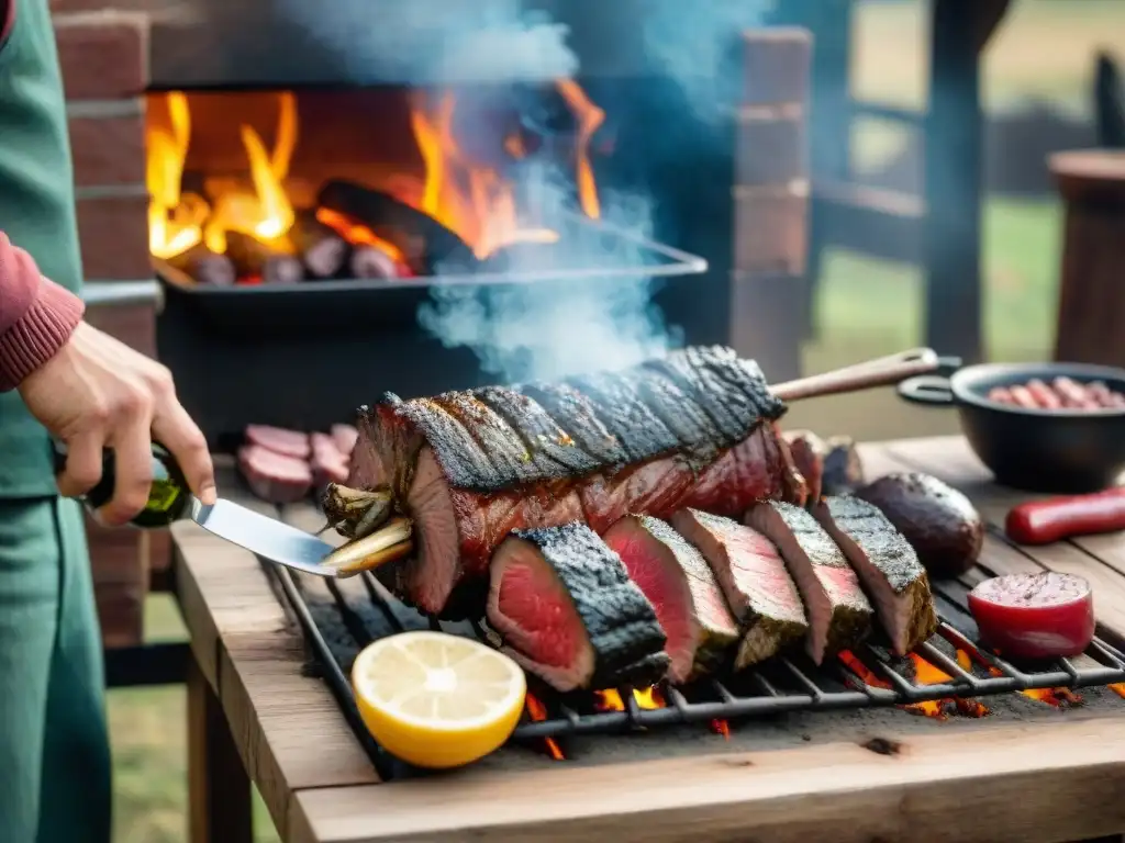 Escena detallada de un asado uruguayo tradicional con amigos disfrutando, historia del asado uruguayo tradicional