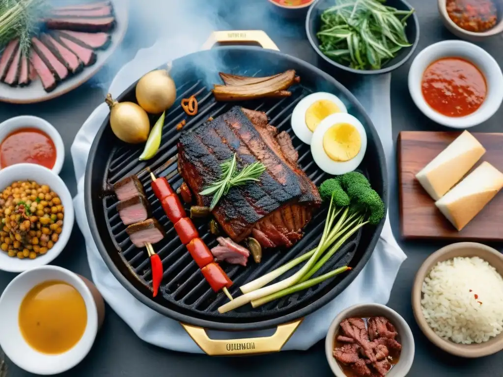 Asado uruguayo: tradición y sabor en la parrilla Escena detallada de un asado uruguayo tradicional, con raíces gastronómicas del asado uruguayo y una atmósfera acogedora