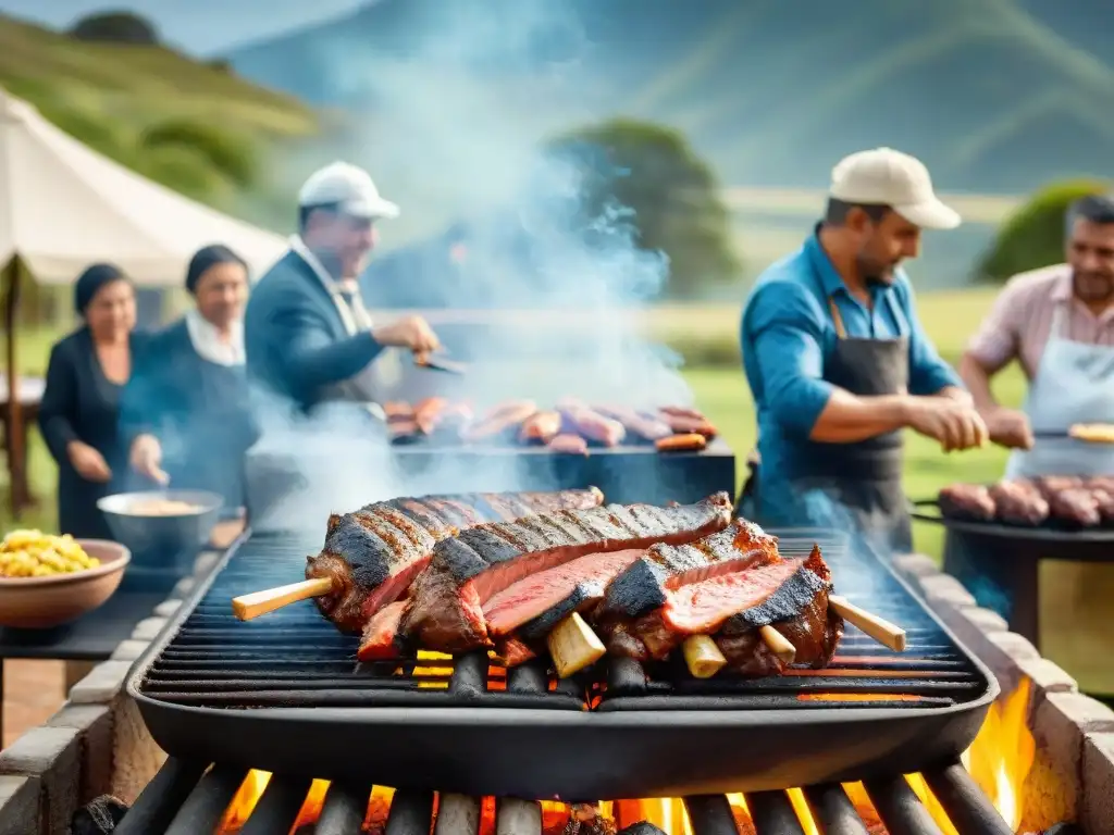 Escena detallada de un asado uruguayo tradicional con familia alrededor, cocinando carne sobre brasas