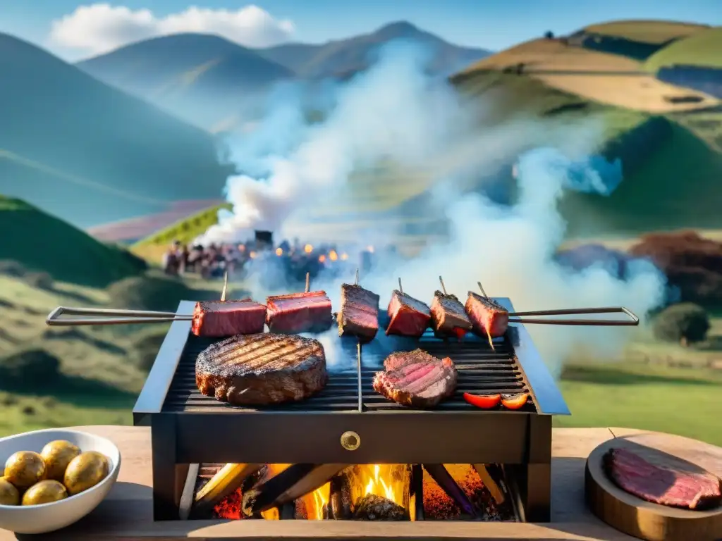 Una escena detallada de un asado uruguayo en una estancia