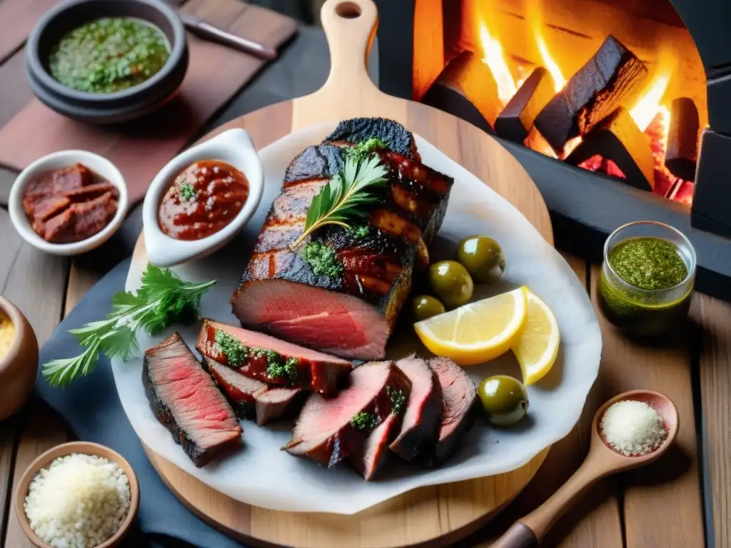 Una escena detallada de un asado uruguayo en Montevideo, con cortes de carne, chimichurri y vino Tannat, en un patio acogedor con parrilla, reflejando las Rutas del asado Montevideo histórico