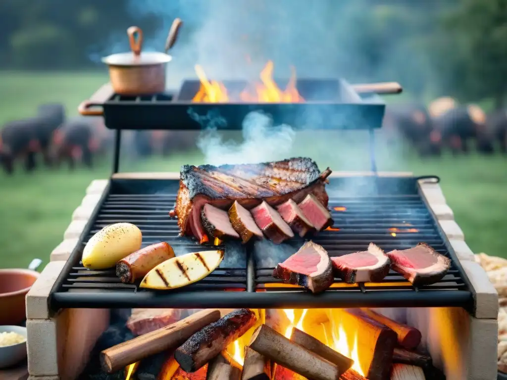 Escena detallada de un asado a leña uruguayo con amigos disfrutando, destacando las mejores técnicas asado uruguayo en el campo bajo cielo azul