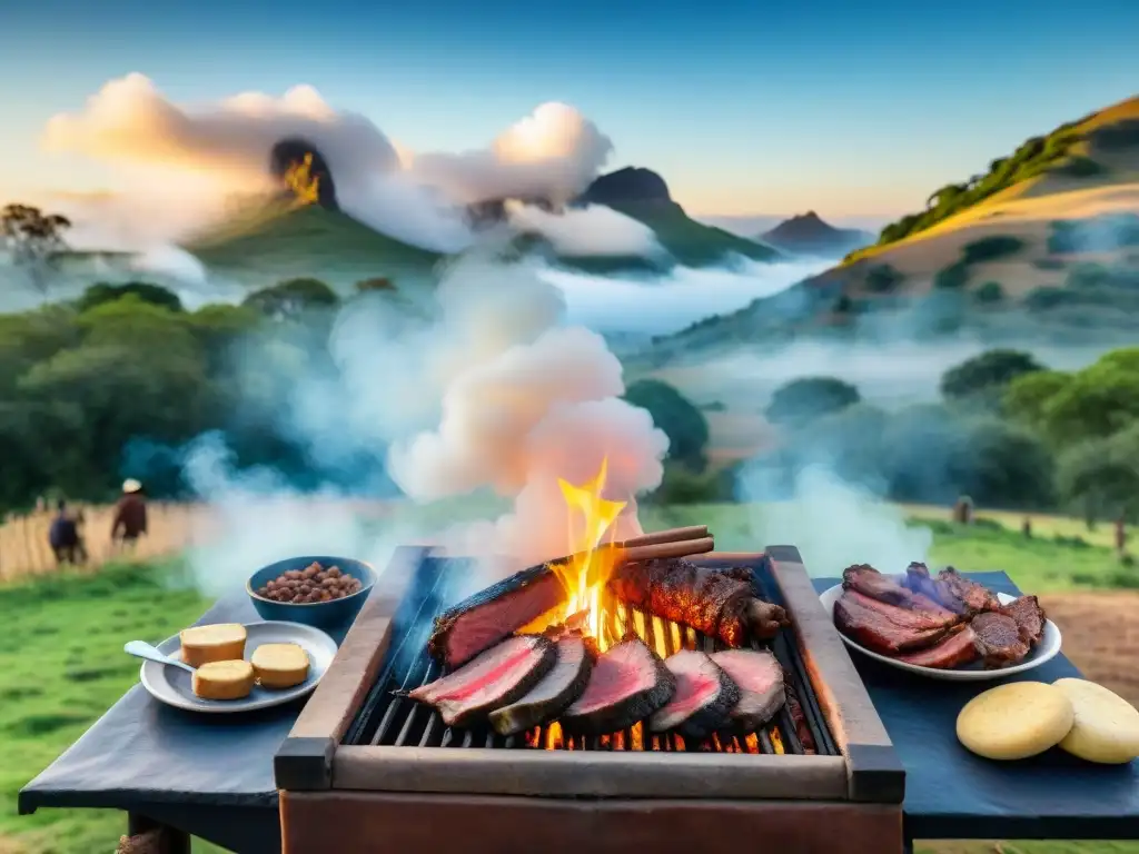 Una escena detallada de un asado uruguayo tradicional en un entorno rústico al aire libre, con gauchos asando carne sobre brasas calientes