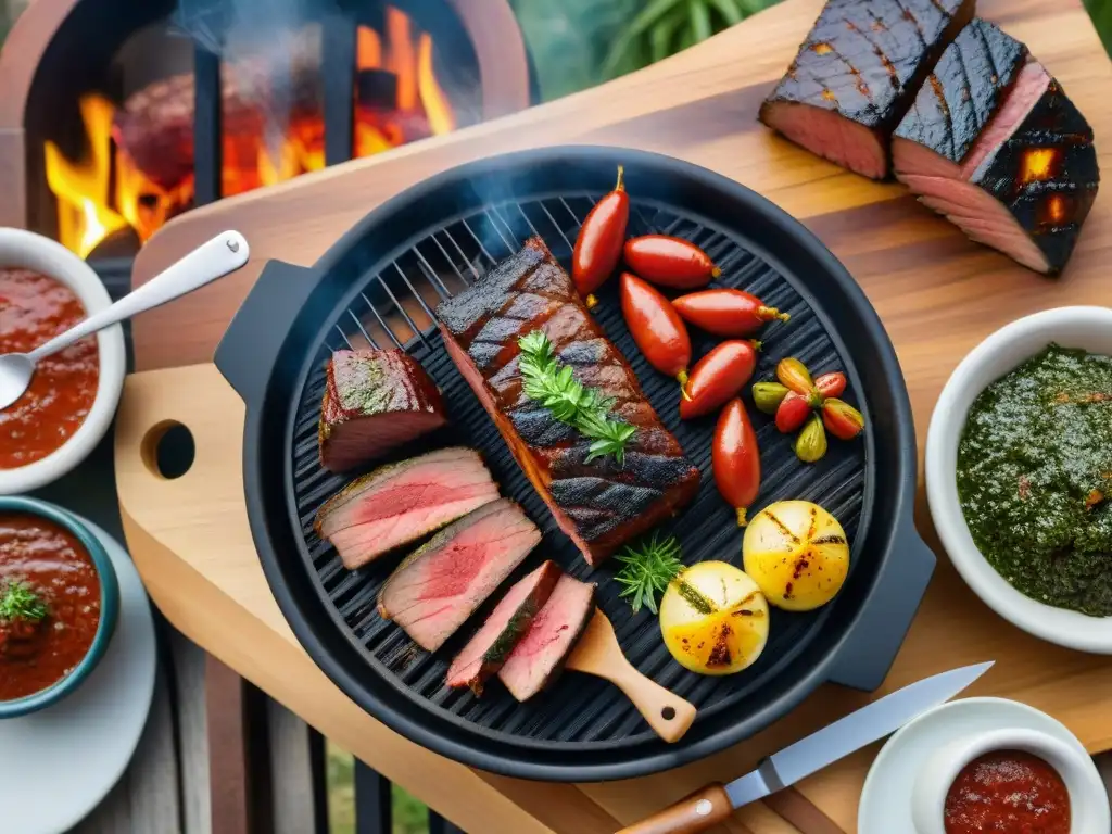 Escena detallada de un asado uruguayo con las mejores especias y carnes a la parrilla en un entorno rústico soleado