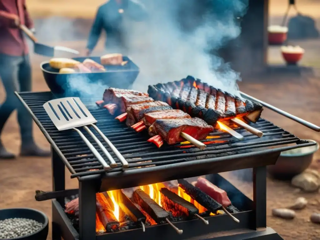 Escena detallada de un asado uruguayo con utensilios para asado uruguayo, brasas ardientes y carne sizzling, en un entorno rústico con humo en el aire