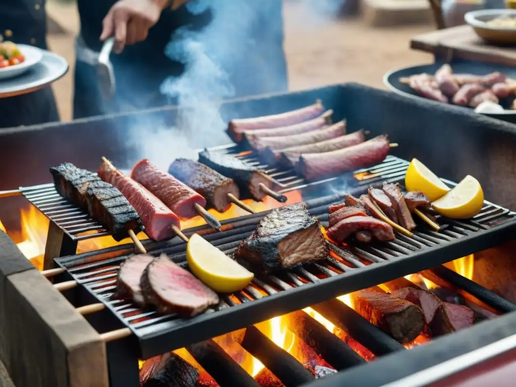 Una escena detallada de un asado uruguayo tradicional con influencias internacionales, gente disfrutando en el campo