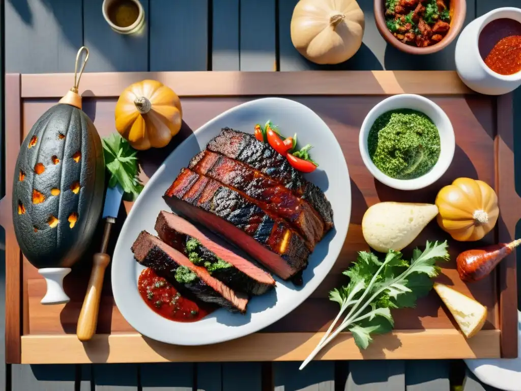 Una escena detallada de un asado uruguayo con maridajes innovadores, en una mesa rústica