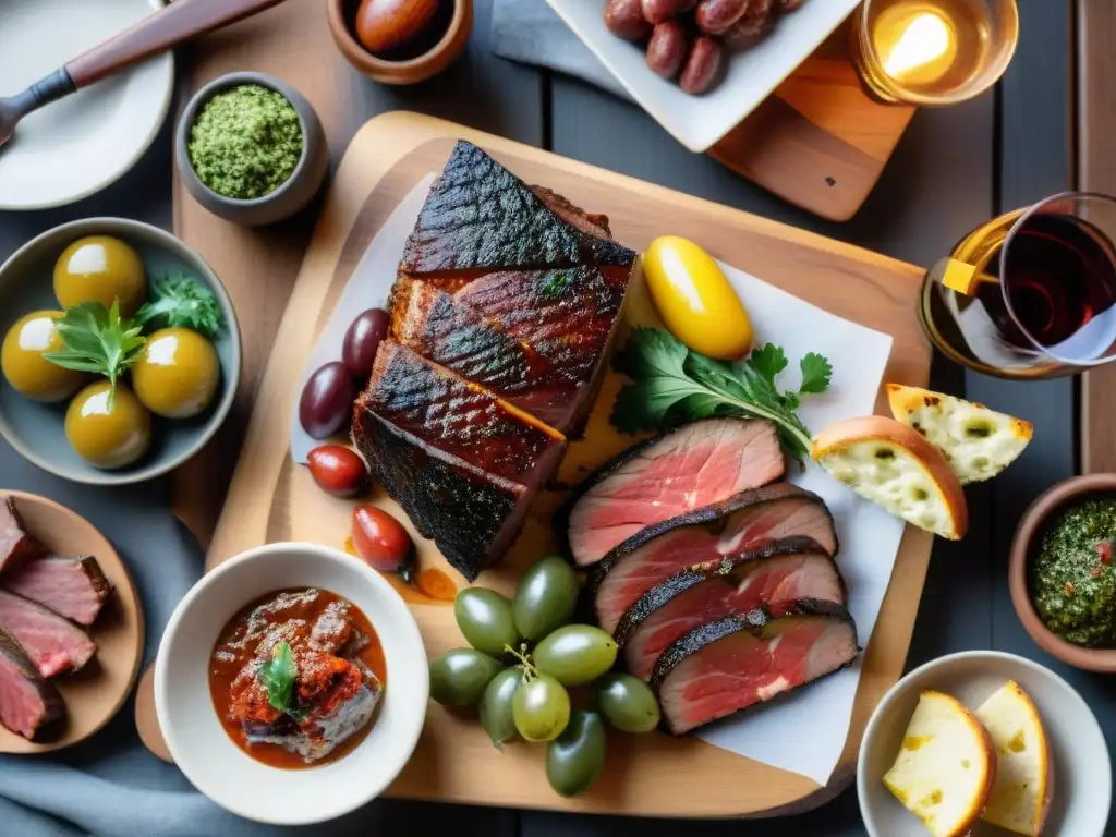 Exquisito asado uruguayo con vinos únicos Una escena detallada de un asado uruguayo tradicional con vinos uruguayos para maridar, en un entorno rústico al aire libre