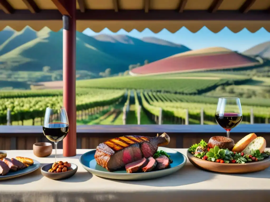 Exquisito asado uruguayo con vinos locales en entorno campestre Escena detallada de un asado uruguayo con maridaje de vinos, carnes y ensaladas en mesa rústica