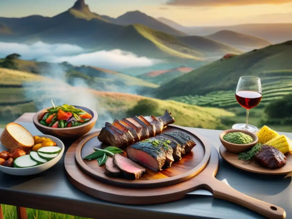 Exquisito asado uruguayo en escena campestre Escena detallada de un asado uruguayo, con carne en la parrilla, chimichurri, vinos y paisaje rural al atardecer