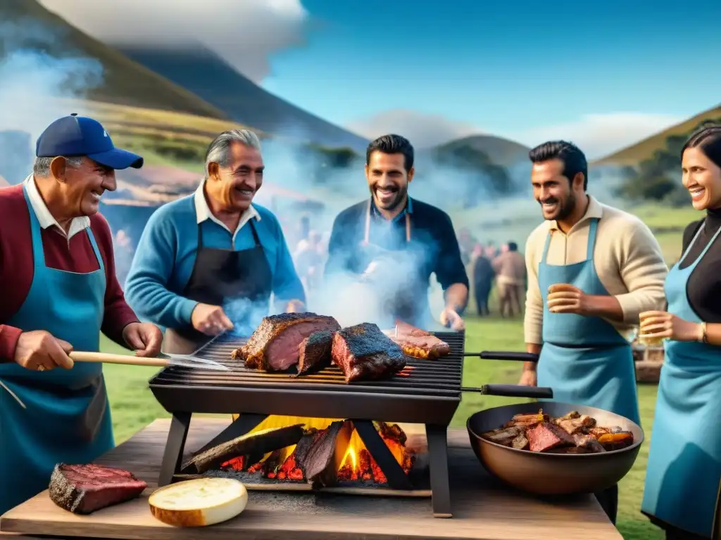 Una escena detallada de un asado uruguayo tradicional en el campo, reflejando la influencia de la inmigración en la tradición