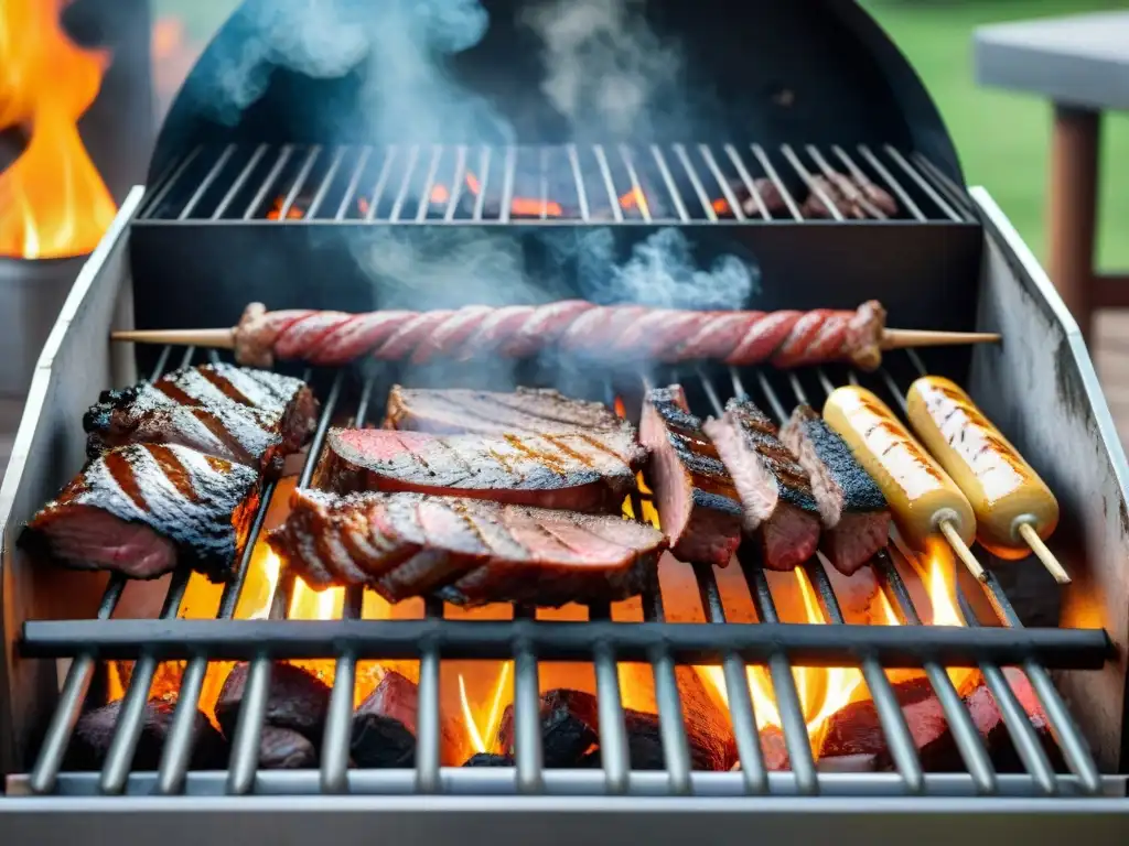 Escena detallada de un asado uruguayo tradicional cocinando carnes a la parrilla, rodeado de naturaleza y calidez