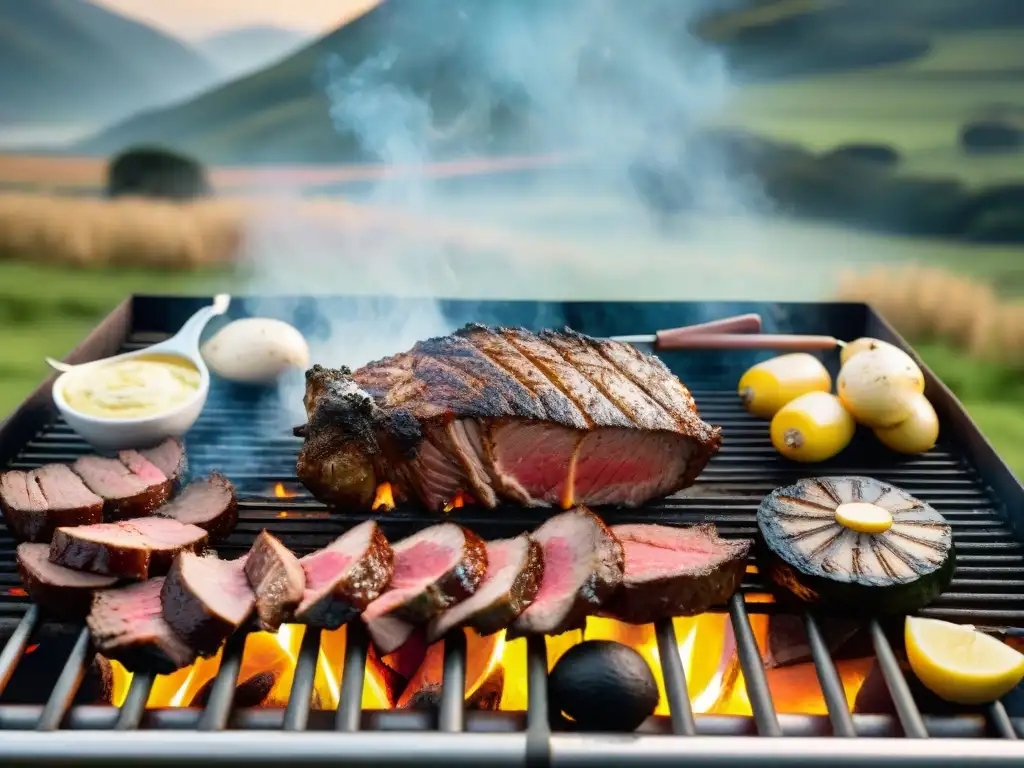 Una escena detallada de un asado uruguayo tradicional en un entorno campestre, resaltando la camaradería y los secretos culinarios