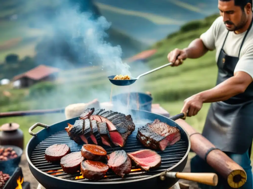 Escena detallada de un asado uruguayo tradicional con gauchos en un paisaje campestre