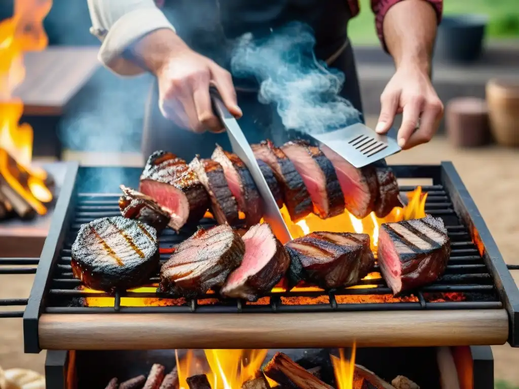 Escena detallada de un asado uruguayo tradicional cocinándose a la parrilla al aire libre al atardecer