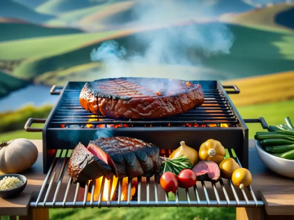 Escena detallada de un asado uruguayo tradicional en el campo, con gauchos, mate y colinas verdes