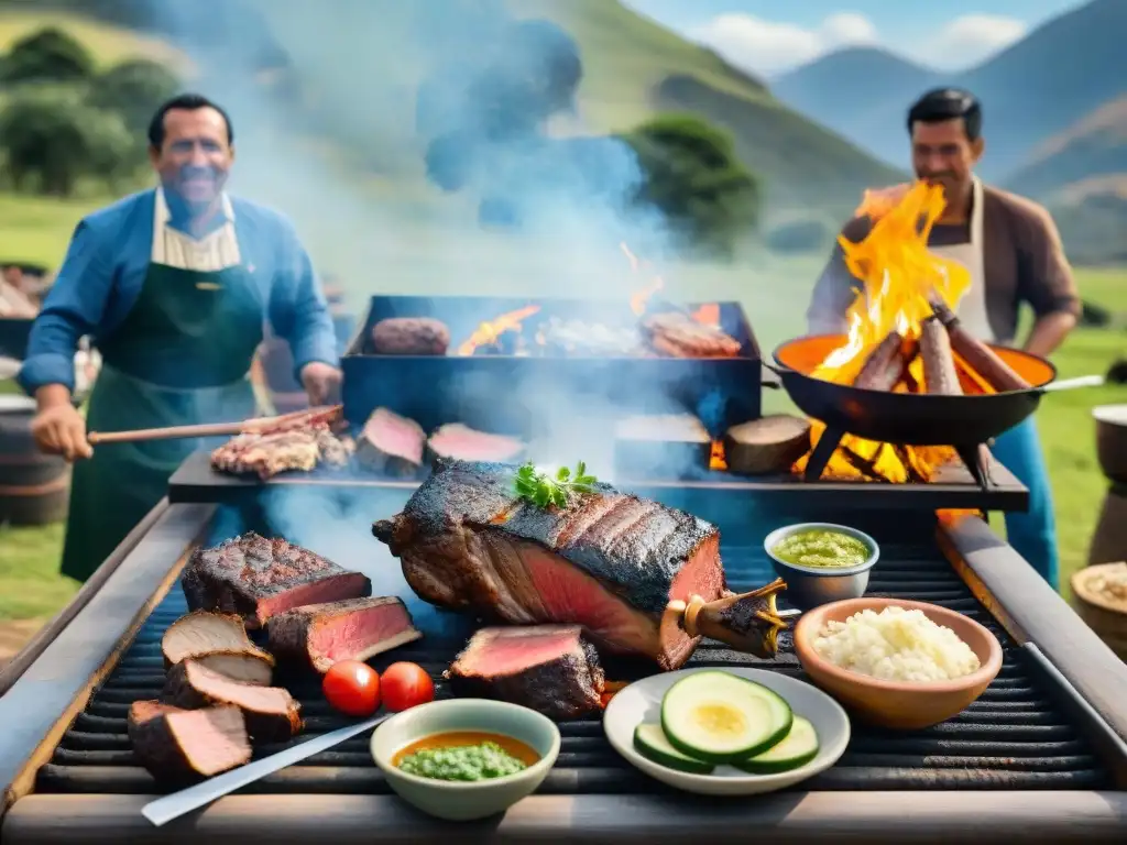 Escena detallada del asado uruguayo: parrilla, cortes de carne, gente disfrutando, gaucho y campo verde